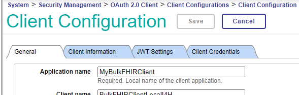 OAuth client configuration page showing the application name on the general tab