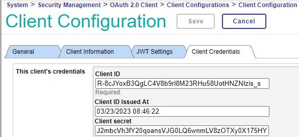 OAuth client configuration page showing the client ID on the client credentials tab