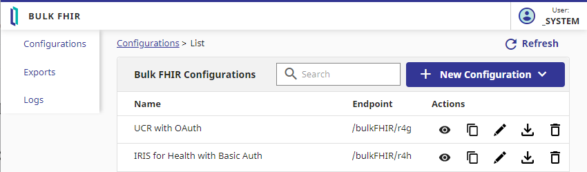 The Bulk FHIR Coordinator home page displays the named configurations and includes icons that you can use to perform actions.