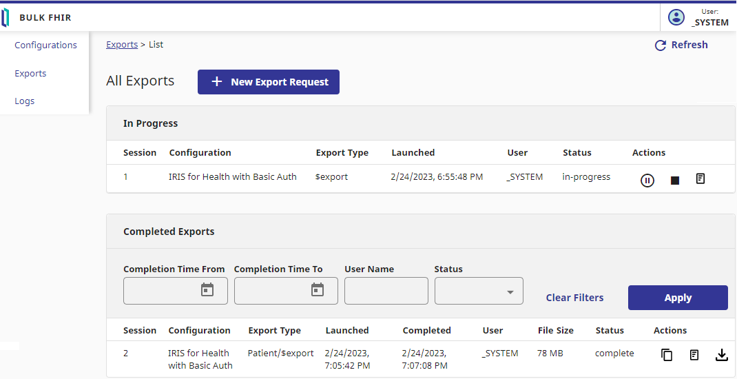 The exports list page displays in-progress and completed exports and includes icons that allow you to perform certain actions
