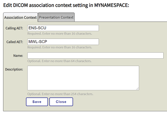 On the association tab, you can edit the Calling AET or the Called AET, or add a Name or Description.