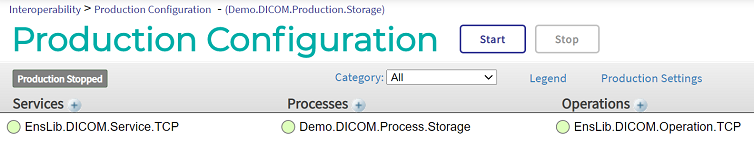 Production Configuration screen for the Demo.DICOM.Production.Storage production.