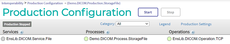 Production Configuration screen for the Demo.DICOM.Production.StorageFile production.
