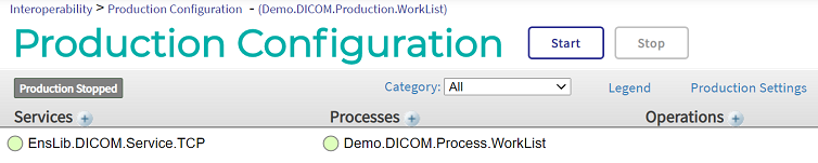 Production Configuration screen for the Demo.DICOM.Production.WorkList production.