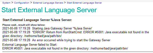 Startup error message for %Java_Server