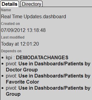 Details tab of the Folder Manager, showing that the Real Time Update dashboard depends on a KPI and three pivot tables.