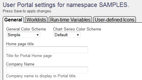 The User Portal settings page for the selected namespace, showing the General settings tab.