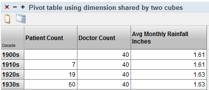 A pivot table with birth decades in the rows and columns for Patient Count, Doctor Count, and Avg Monthly Rainfall.