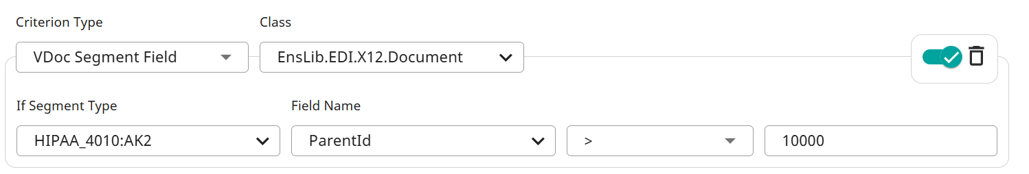 type=vdoc segment field; class=EnsLib.EDI.X12.Document; segment type=HIPAA_4010:AK2; field name=ParentId; operator is greater
