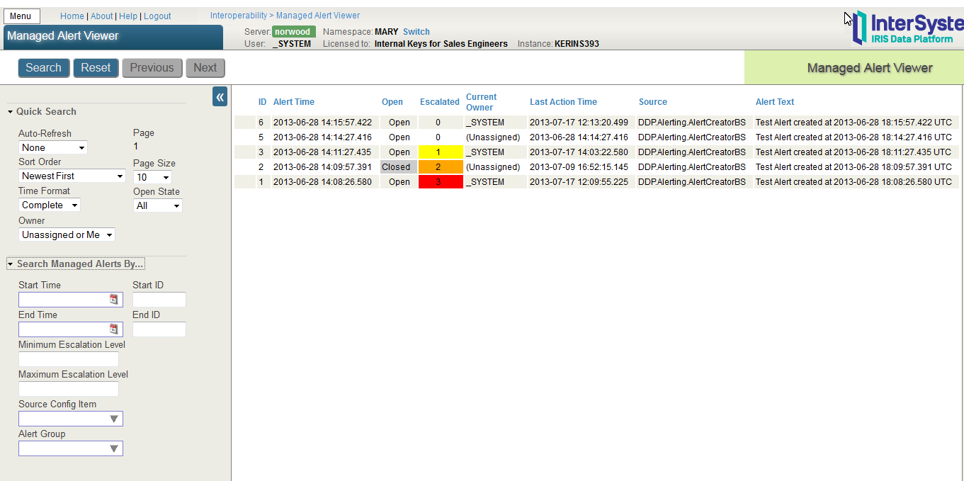 Managed Alert Viewer page configured to show alerts that are unassigned or assigned to the current user
