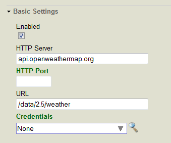 basic setting showing HTTP server as api.openweathermap.org and URL