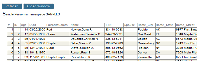 The table Sample.Person, showing several rows of data. Columns include row number, ID, Age, DOB, Favorite Color, and Name.