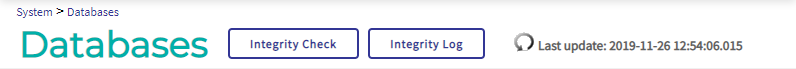 The Databases page ribbon displays when the page was updated, and contains buttons labeled Integrity Check and Integrity Log.