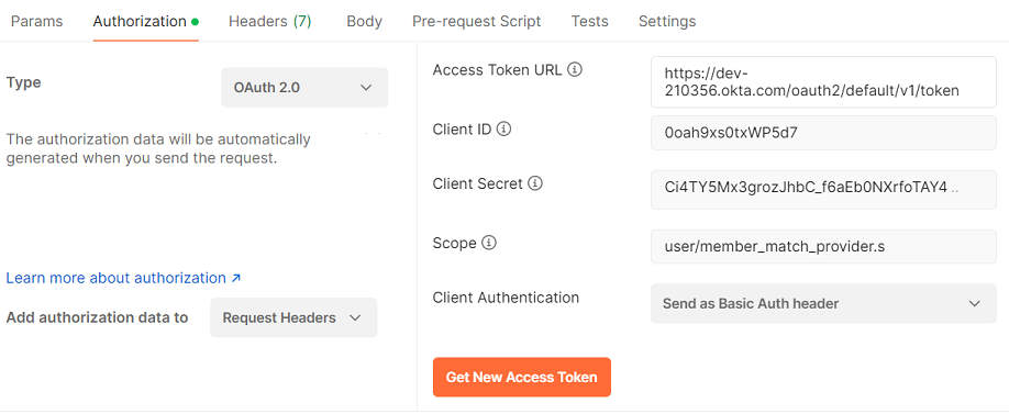 In the auth header, enter an Access Token URL, Client ID, Client Secret, and Scope