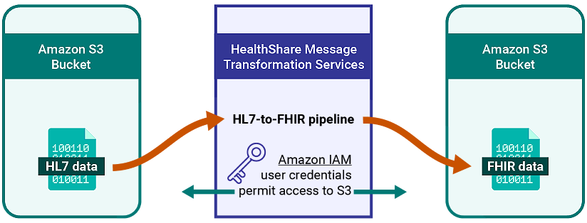 The services get HL7 data from an Amazon S3 bucket, transform the data to FHIR, and deposit it back into an Amazon S3 bucket.