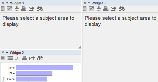 このダッシュボードには 3 つのウィジェットがあります。ウィジェット 2 にはグラフが表示されており、ウィジェット 1 と 3 には、[表示するサブジェクト領域を選択してください。] と記載されています。