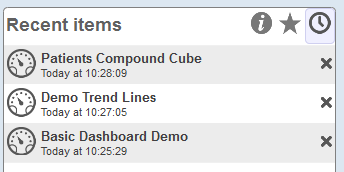 Patients Compound Cube、Demo Trend Lines、Basic Dashboard Demo の 3 つのアイテムを示す [最近のアイテム] ワークリスト。