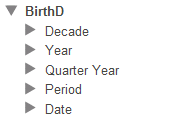展開されて Decade、Year、Quarter Year、Period、および Date の各レベルが示されている BirthD ディメンジョンを示すアナライザの画面。