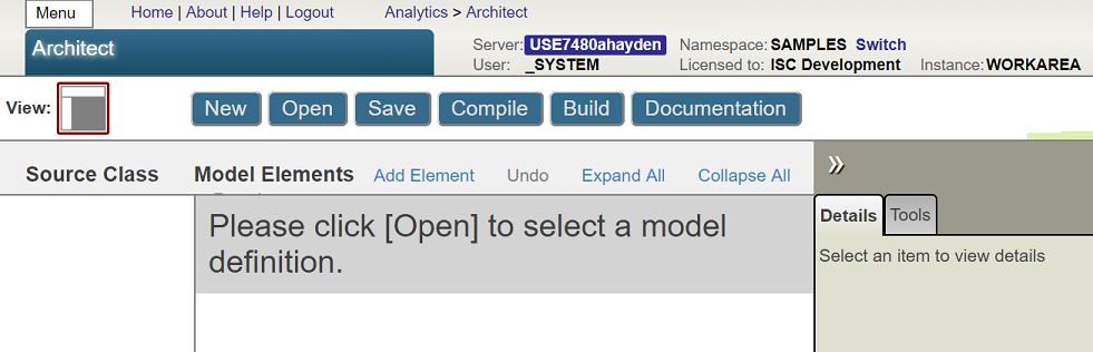 ユーザに [開く] ボタンをクリックしてモデル定義を選択するよう求める [アーキテクト] 画面。