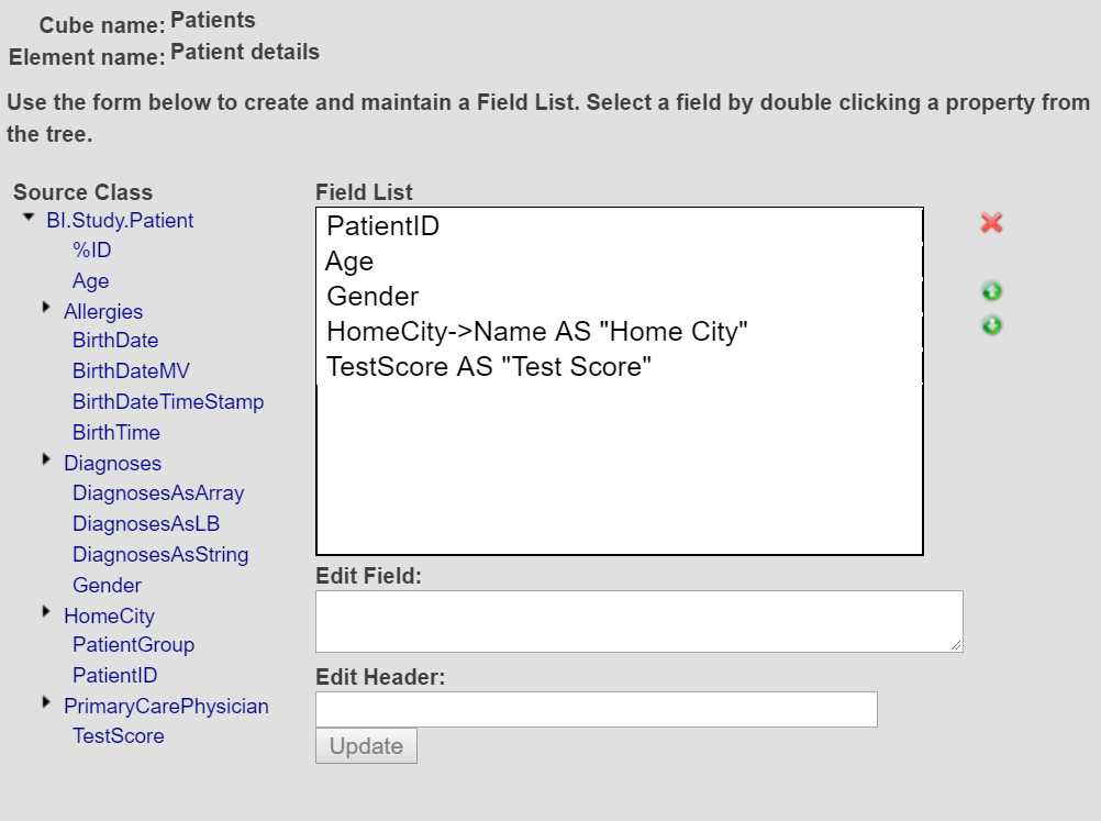 Patient キューブの Patient Details 要素に使用可能なフィールドを示している、アーキテクト内の [詳細リスト - フィールド・リスト] 画面。