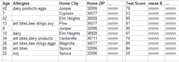 ソース・レコードごとの行と、列には Age、Allergies、Home City、Home ZIP、Test Score などが含まれるファクト・テーブル。