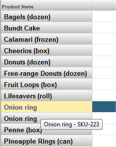Onion Ring のツールのヒント (SKU 番号も含む) を示している、ピボット・テーブルの Product Name 列。