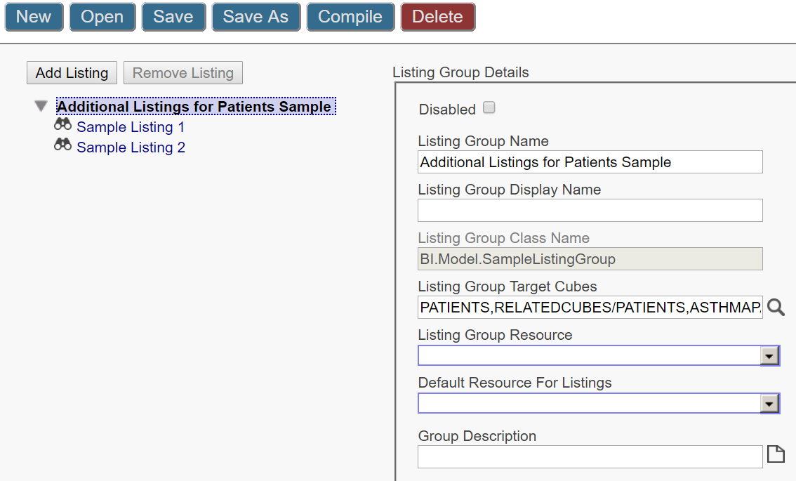 Additional Listings for Patients Sample という名前のリスト・グループの詳細が示されている [詳細リストグループのマネージャ] 画面。
