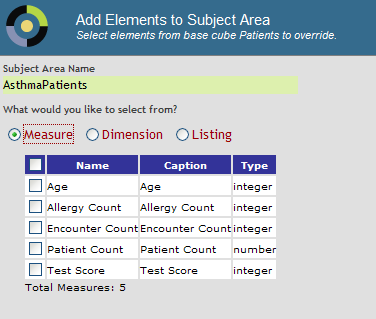 Age、Allergy Count、Encounter Count などのメジャーを示している [サブジェクト領域に要素を追加] ダイアログ・ボックス。