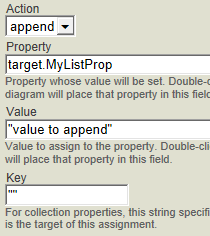 target.MyListProp に対する [アクション] が [append]、[値] フィールドが "value to append"、[キー] フィールドが引用符のペアになっています。