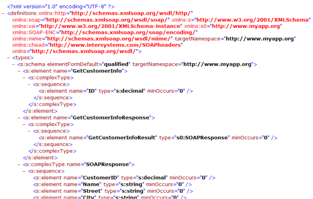 サンプルの GetCustomerInfo メソッドの XML WSDL 定義を示すファイル・リスト