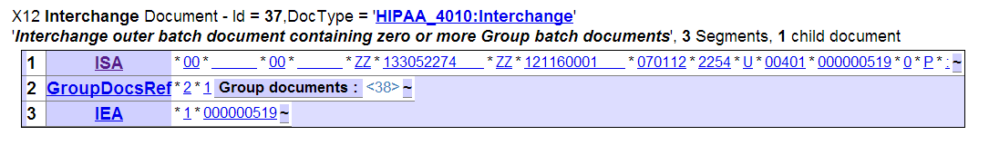 HIPAA_4010:Interchange ドキュメントの最上位の構造を示す ASC X12 ドキュメント・ビューワ・ページ