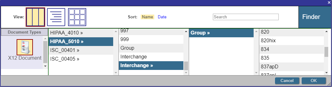 [HIPAA_5010]、[Interchange]、および [Group] が順にハイライト表示されているカスケード・メニュー