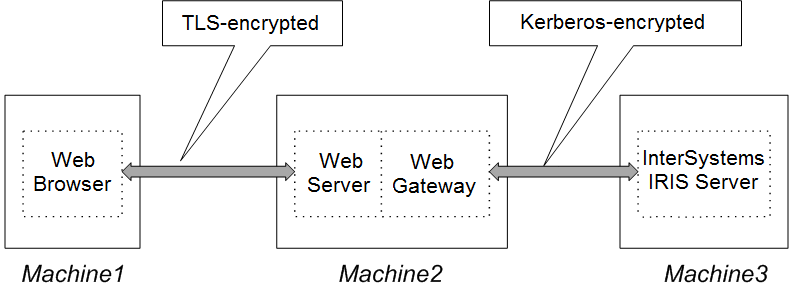 TLS は Web ブラウザから Web サーバへのトラフィックを暗号化し、Kerberos は Web ゲートウェイから InterSystems IRIS へのトラフィックを暗号化します。