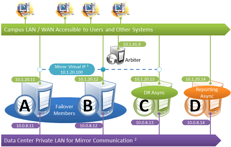 フェイルオーバー・ペアと 2 つの非同期メンバが、ミラー通信のためのプライベート LAN と外部接続のためのキャンパス・ネットワーク上に存在しています