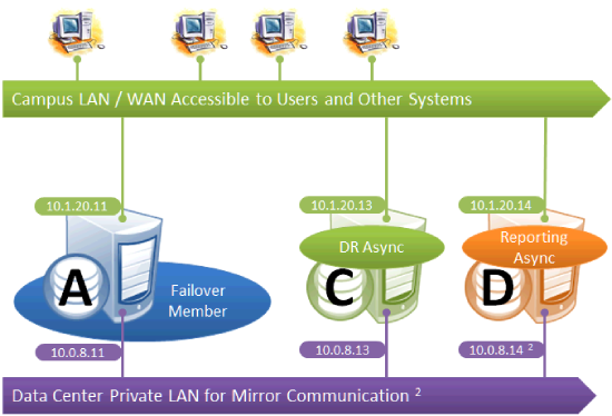 単一フェイルオーバー・メンバ、非同期メンバがミラー通信のためのプライベート LAN 上にあり、外部接続のためのキャンパス・ネットワークにも接続されています