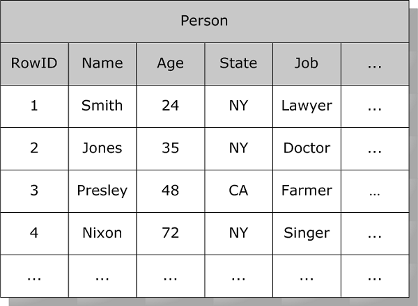 4 行のデータが含まれるテーブル。値が含まれた RowID (値 1、2、3、4)、Name、Age、State (値 CA、NY)、および Job の各フィールド。