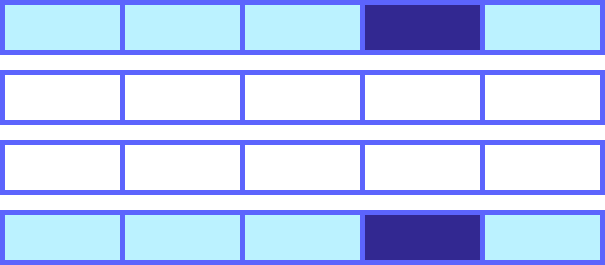 4 つの 1 × 5 の行。行 1 および 4 は青色で、要素 4 が紫色です。行 2 および 3 は白色です。
