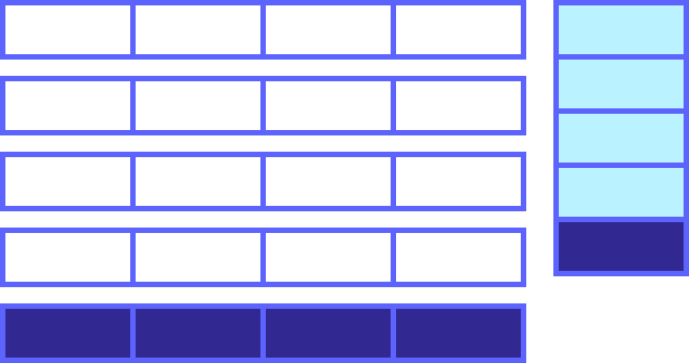 最後の行が紫色の 5 つの白い 1 × 4 の行、および最後の要素が紫色の 1 つの青い 1 × 5 の列。
