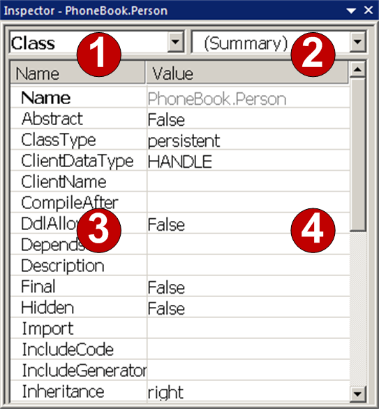 1 から 4 のラベルが付けられたクラス・インスペクタのユーザ・インタフェース・コンポーネント。次のリストの各アイテムの番号は、ラベルの番号を指しています。