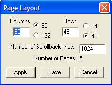 列数、行数、スクロールバックの行数とページ数を指定するコントロールを含む [ページレイアウト] ダイアログ・ボックス。