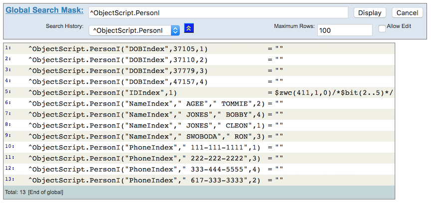 DOB、Name、および Phone インデックスおよびビットマップ・インデックスに 4 名が示されている ObjectScript.PersonI グローバル