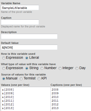 samples shows variable name, default, and list of allowed values with their captions