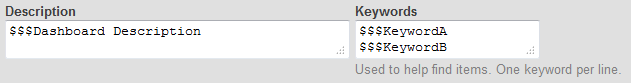Dashboard example, showing $$$Dashboard Description used as the Description and $$$KeywordA used as a Keyword.