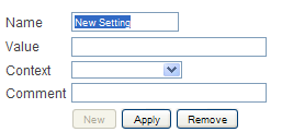 The Run-time Variables tab, showing the fields to be specified for a new variable: Name, Value, Context, and Comment.