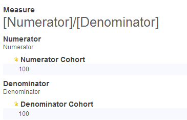 Initial quality measure definition. The Numerator and Denominator groups each have elements defined by the constant 100.