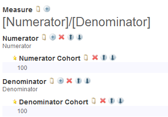 A quality measure definition in edit mode, showing buttons you can use to manipulate groups and their elements.