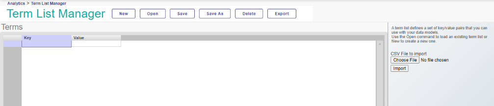 The Term List Manager with no open term list. The available buttons include New, Open, Save, Save As, Delete, and Export.