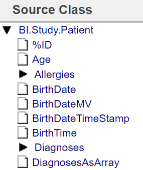 The left panel of the Architect screen, showing that this class has properties including %ID, Age, Allergies, and BirthDate.