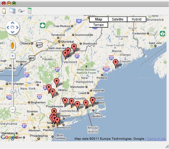 A Map Listing, showing a Google map of New England, with many locations on the map indicated with red pins.