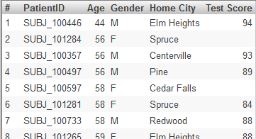 Detail listing showing that patients with the IDs SUBJ_101284 and SUBJ_100597 have blanks in the Test Score column.